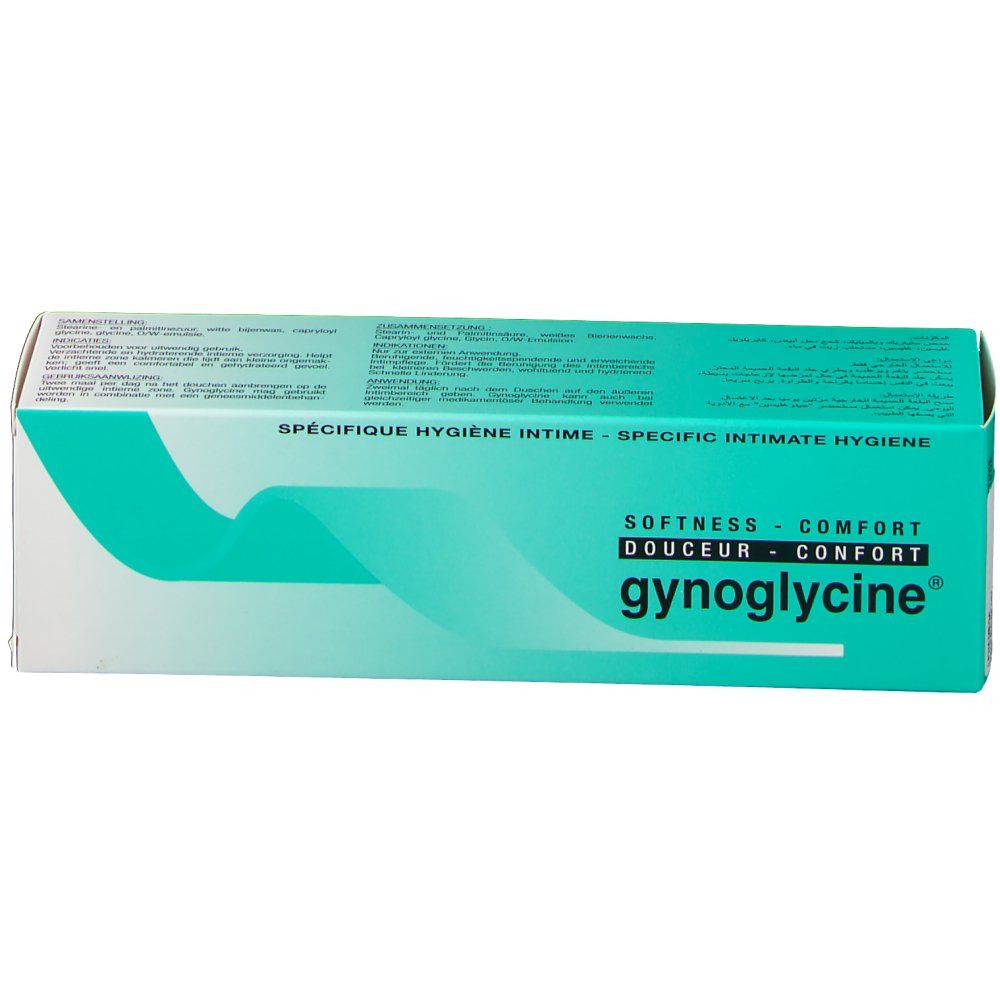 Verpakking van gynoglycine®. Turquoise en wit design. Tekst: Specifieke intieme hygiëne, zachtheid, comfort. Productnaam duidelijk zichtbaar.