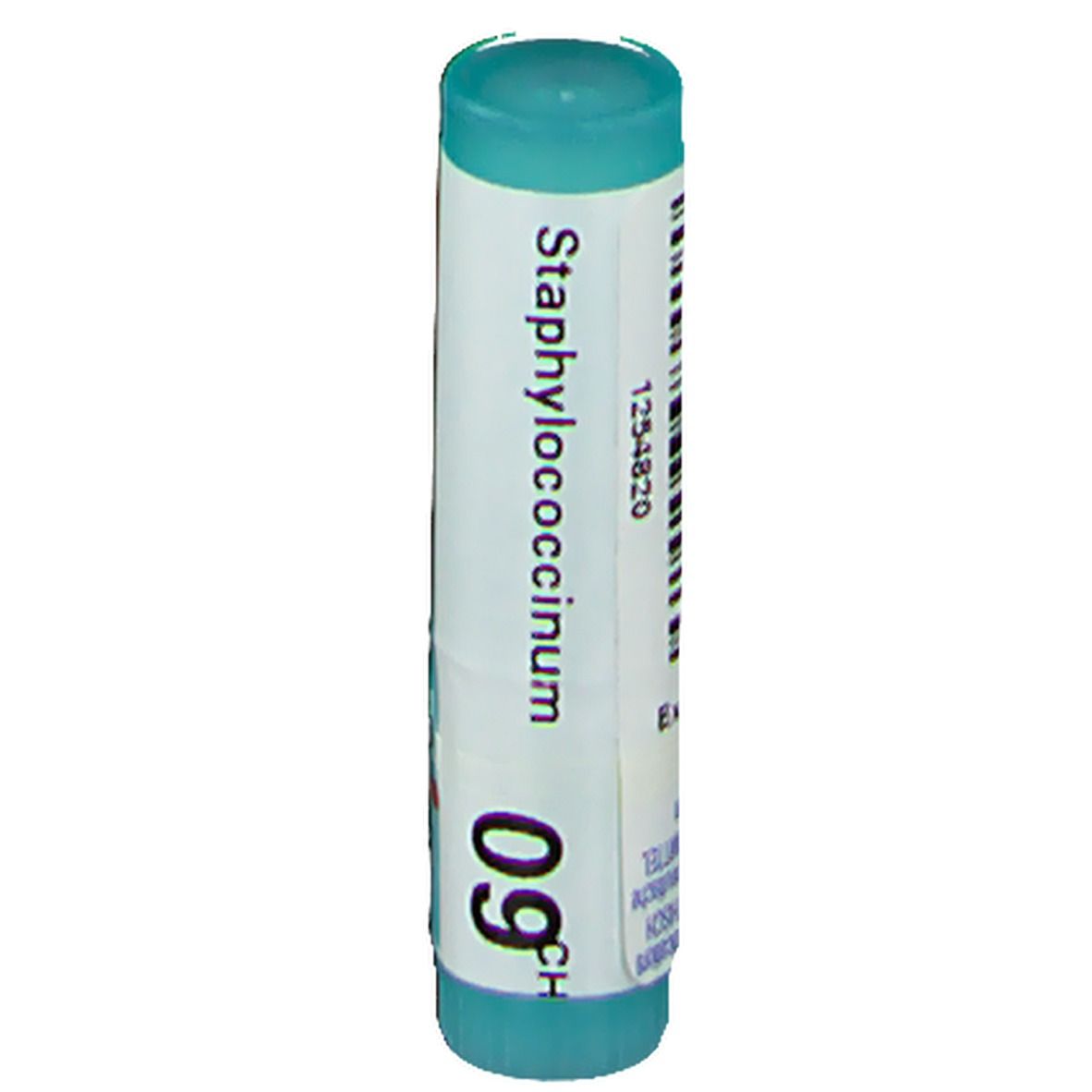 Cilindervormige verpakking met blauwe dop. Opschrift: Staphylococcinum 9CH, 1254820. Etiket met informatie.