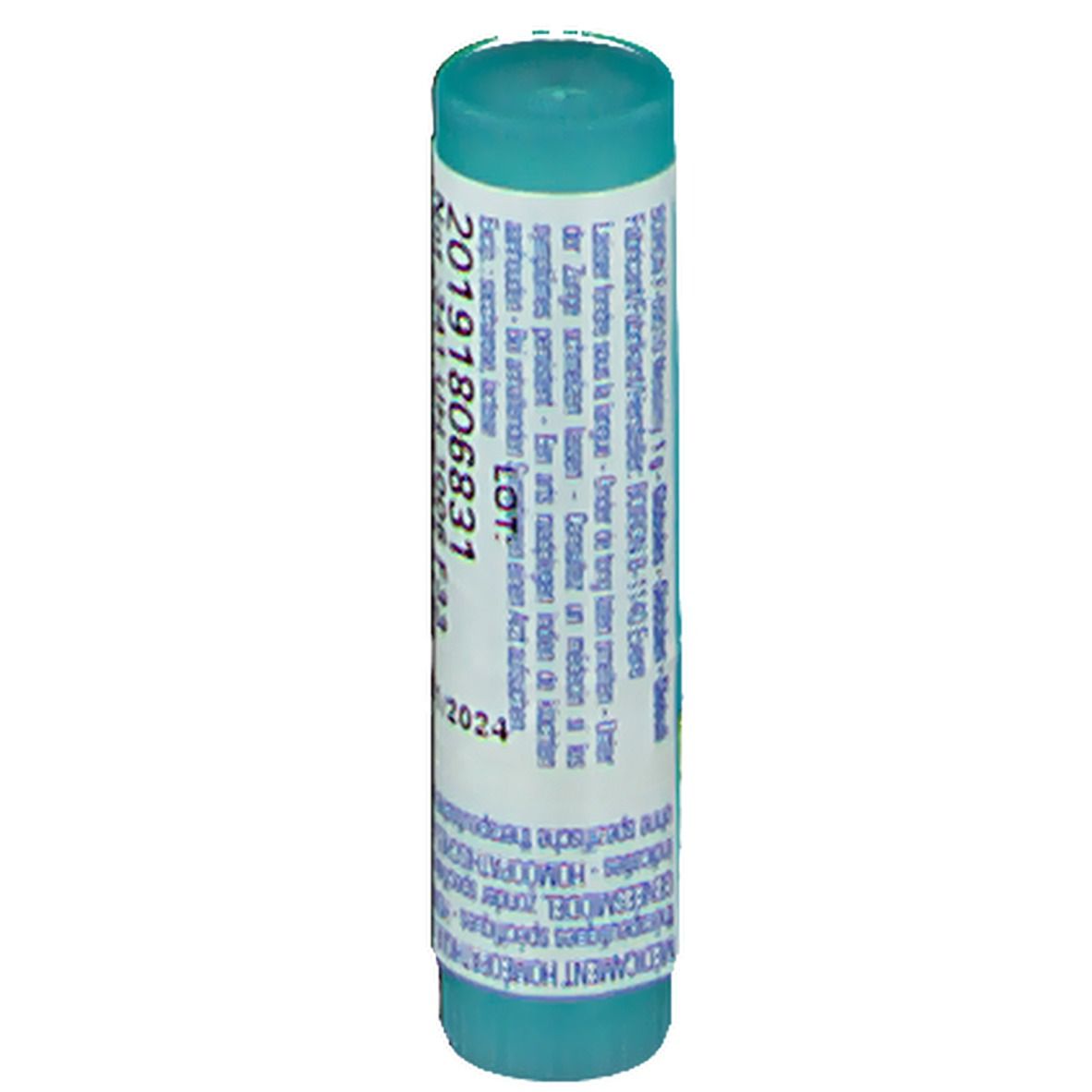 Cilindervormige verpakking met blauwe dop. Meertalige tekstinfo. LOT-nummer en vervaldatum.