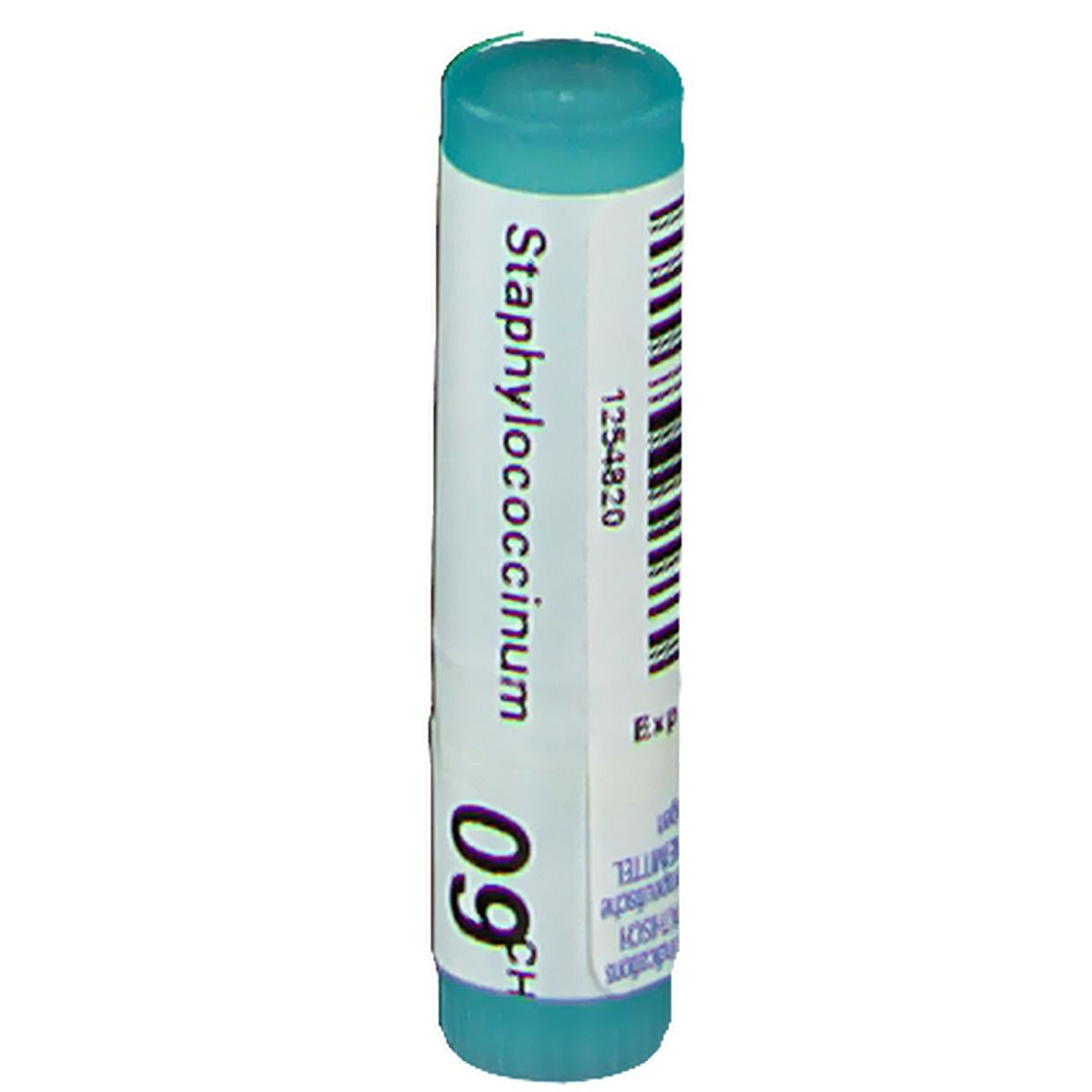 Cilindervormige verpakking met blauwe dop. Opschrift: Staphylococcinum 9CH, 1254820. Etiket met informatie.