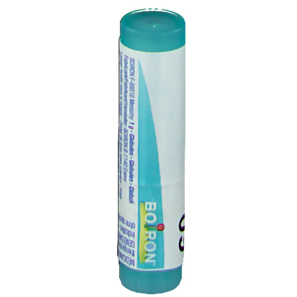 Cilindervormige verpakking met blauwe dop. Opschrift: BOIRON, 9CH. Verdere tekstinfo op etiket.