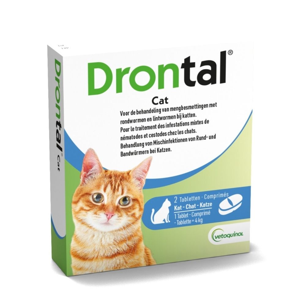 Emballage de comprimés Drontal Chat vermifuge avec chat et logo Vetoquinol.