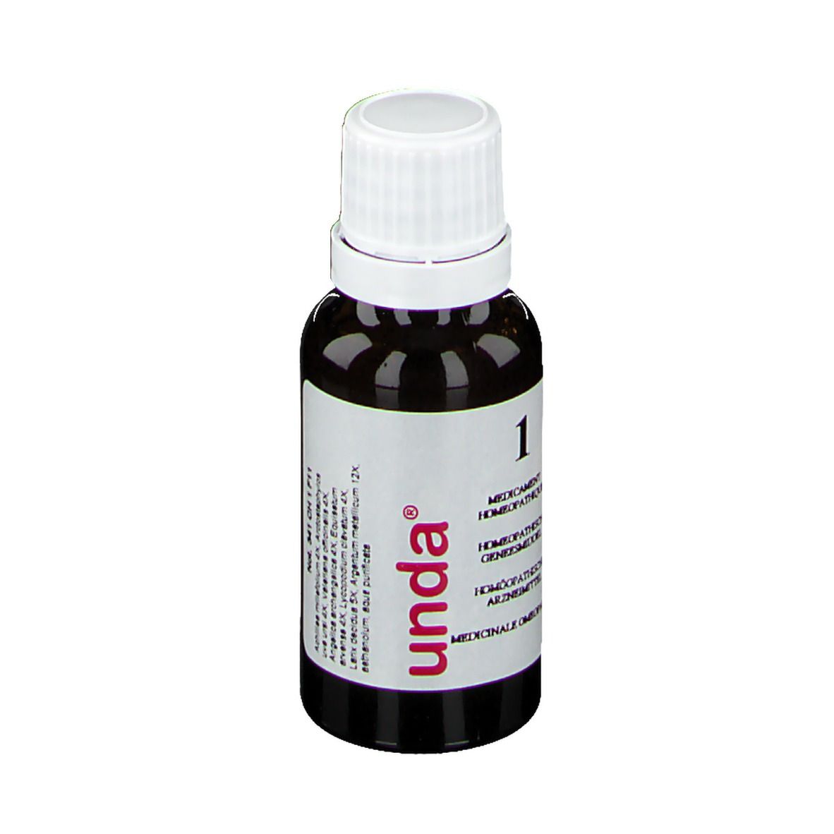 Bruine fles met witte dop. Etiket met rood "unda" logo en productinformatie. Homeopathisch geneesmiddel.