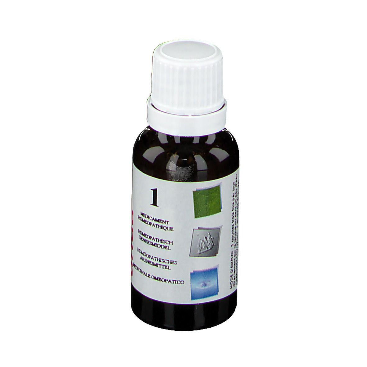 Bruine fles met witte dop. Etiket met groene, zilveren en blauwe symbolen. Homeopathisch geneesmiddel.