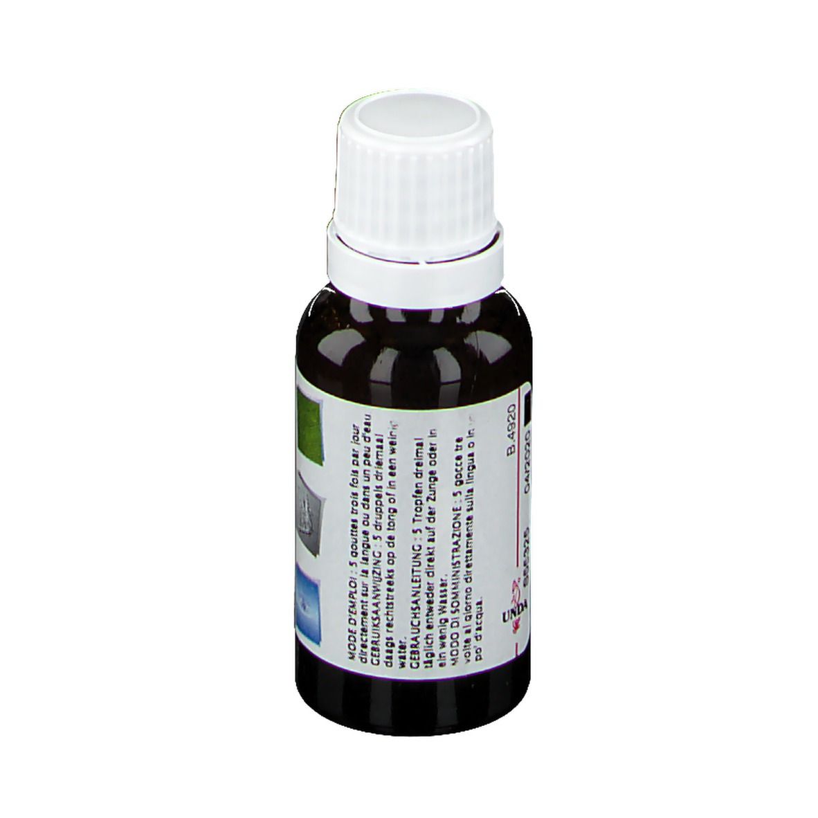 Bruine fles met witte dop. Etiket met meertalige gebruiksaanwijzing. Homeopathisch geneesmiddel.