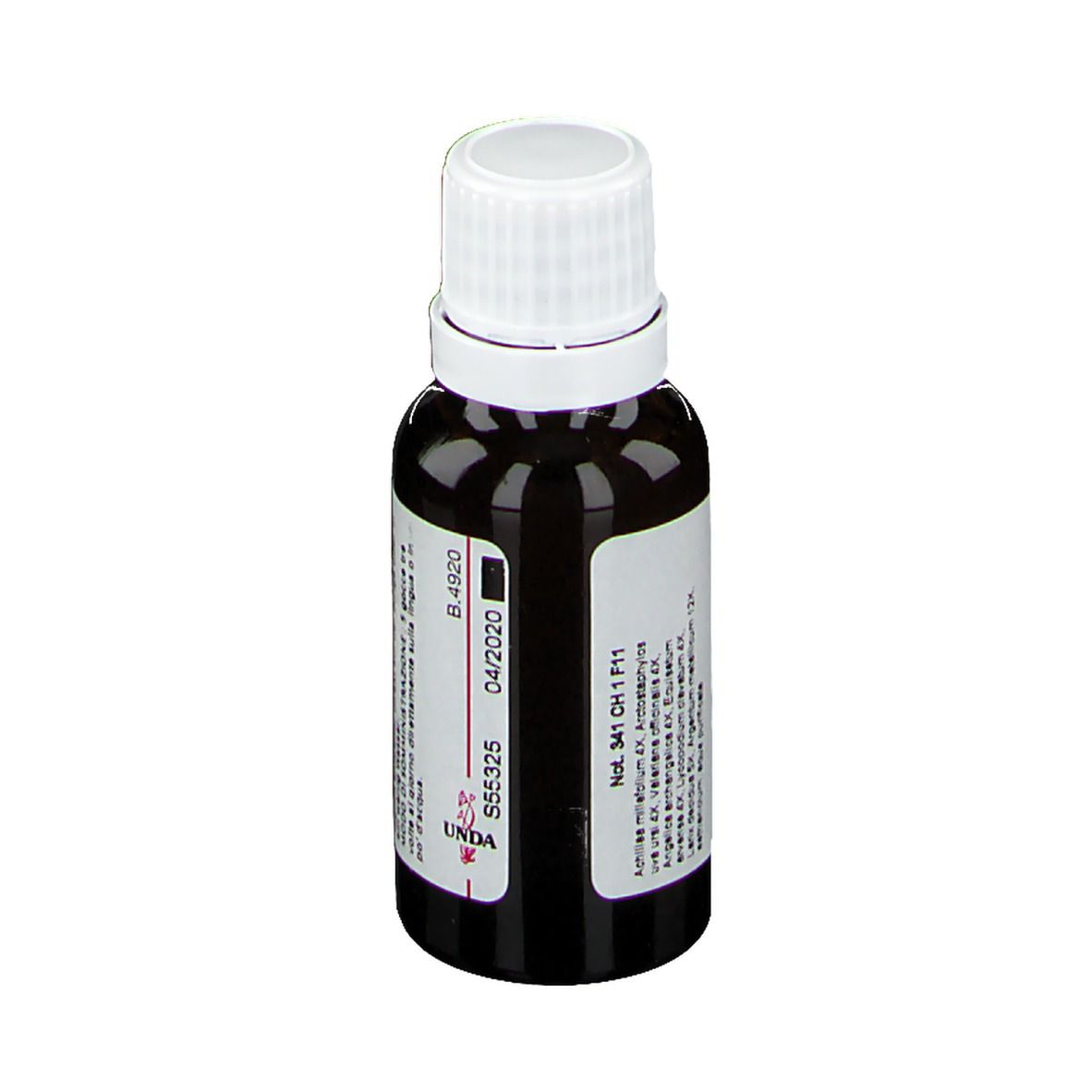 Bruine fles met witte dop. Etiket met batchnummer en vervaldatum. Homeopathisch geneesmiddel.