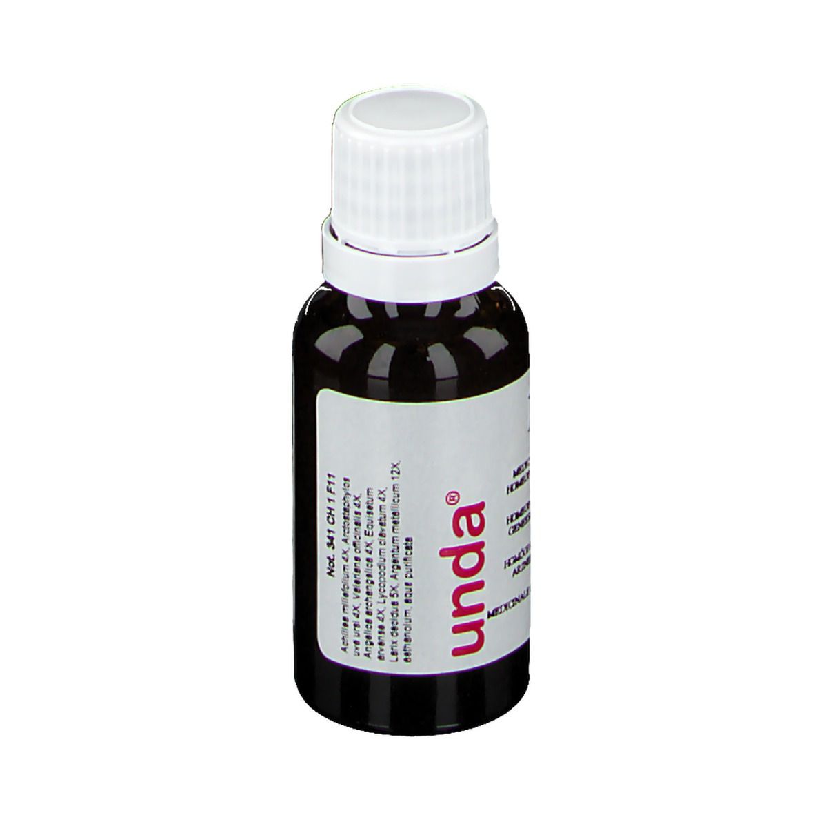 Bruine fles met witte dop. Etiket met "unda" logo en productinformatie. Homeopathisch geneesmiddel.