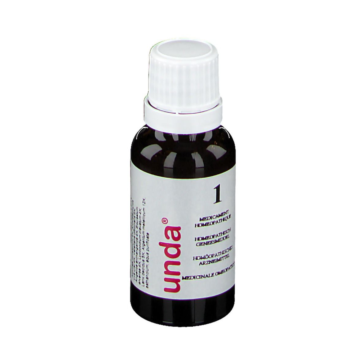 Bruine fles met witte dop. Etiket met "unda" logo en nummer 1. Homeopathisch geneesmiddel.