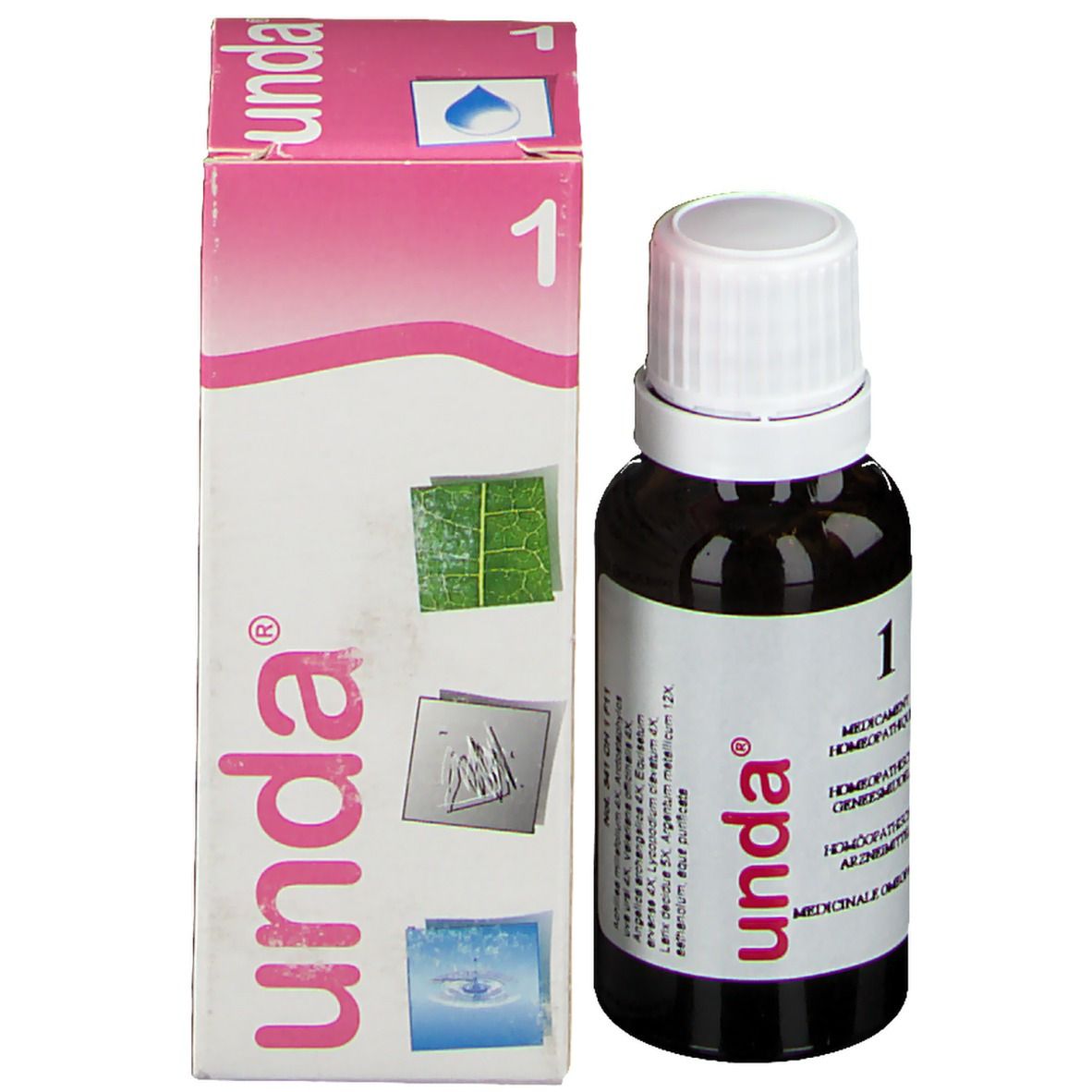 Bruine fles en verpakking. Verpakking met "unda" logo, nummer 1 en symbolen. Homeopathisch geneesmiddel.