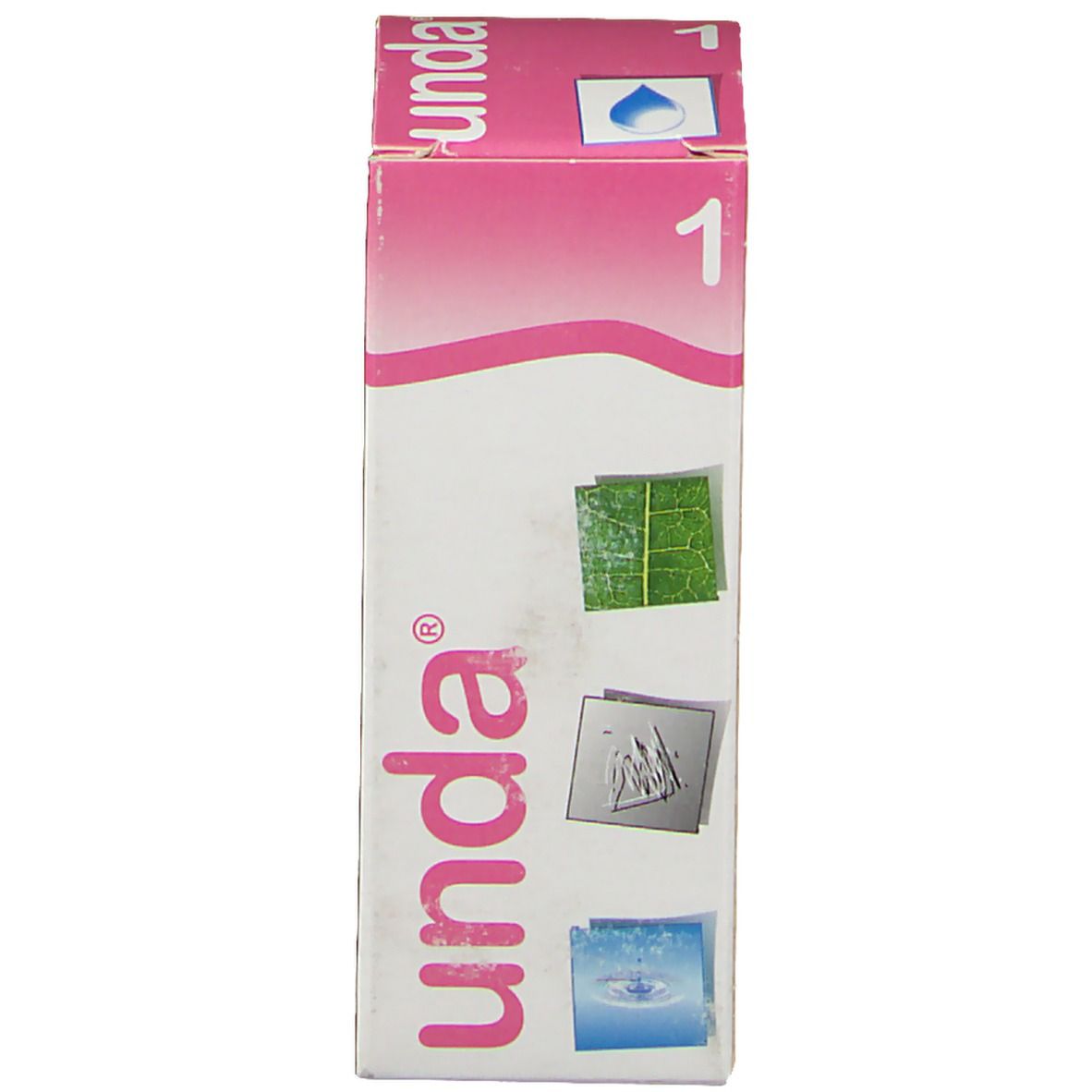 Verpakking met "unda" logo, nummer 1 en symbolen. Roze en wit. Homeopathisch geneesmiddel.