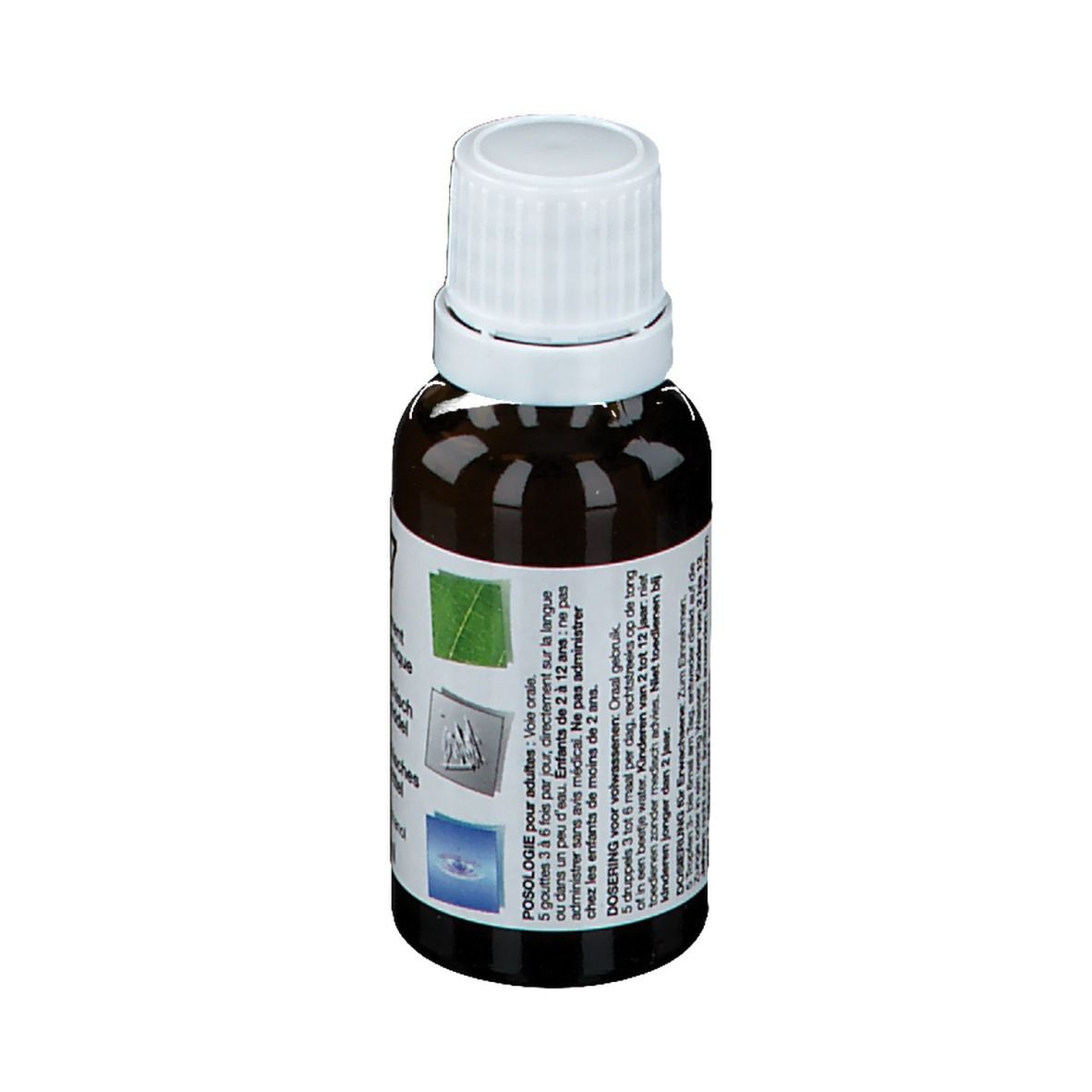 Bruine glazen fles met witte dop. Achterkant met tekst en pictogrammen. Merk: unda.