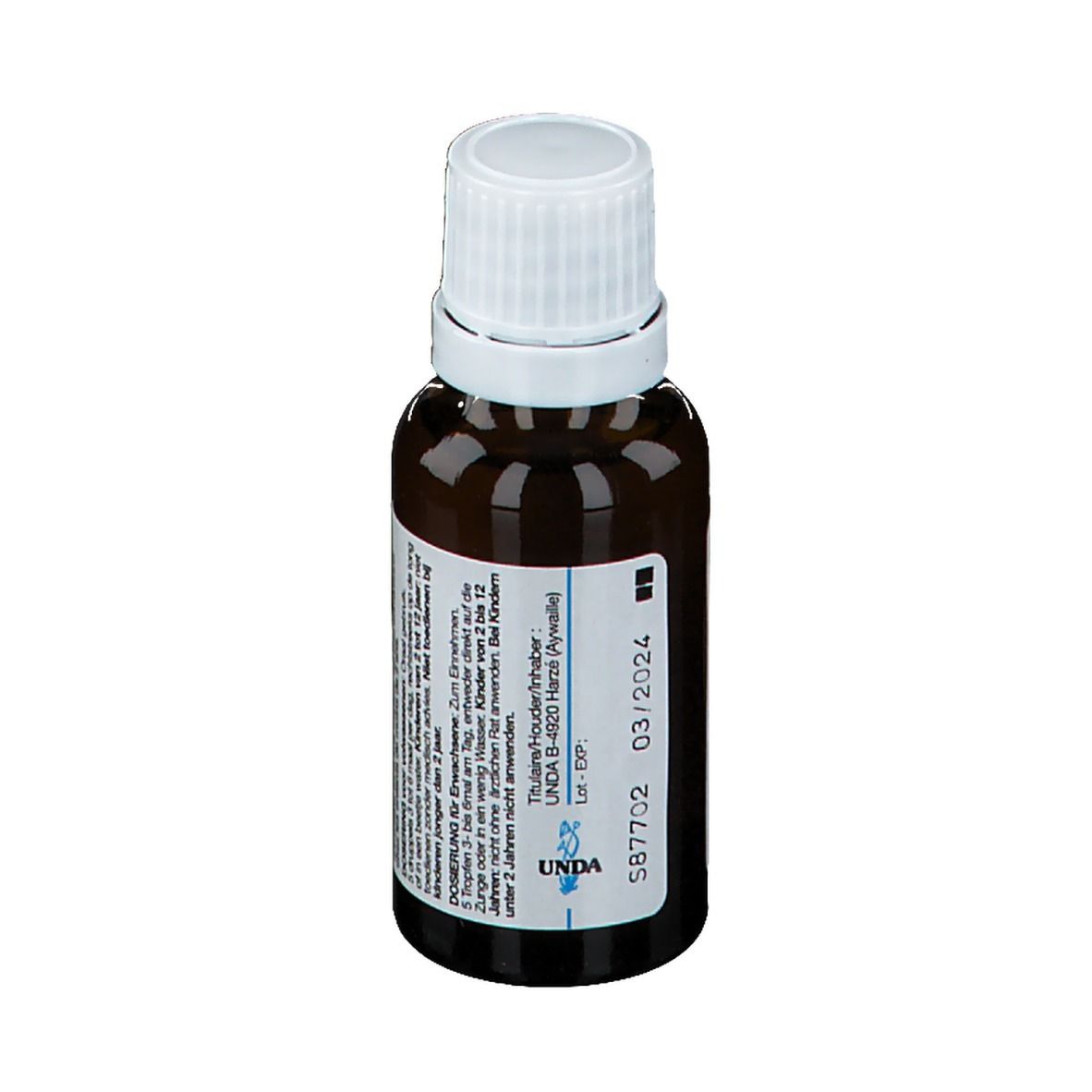 Bruine glazen fles met witte dop. Etiket met tekst en vervaldatum 03/2024. Merk: unda.