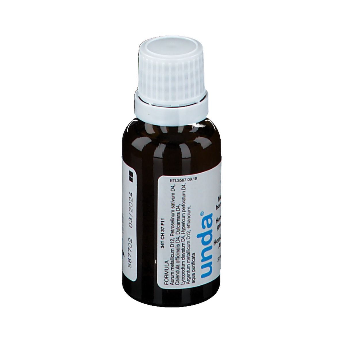 Bruine glazen fles met witte dop. Etiket met tekst: Formule, ingrediënten. Merk: unda.