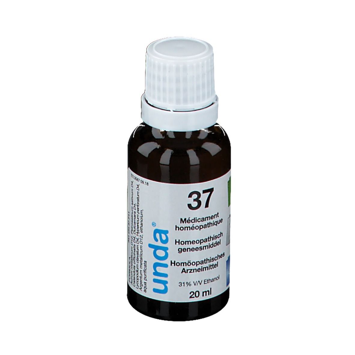 Bruine glazen fles met witte dop. Etiket met tekst: 37, homeopathisch geneesmiddel, 31% V/V Ethanol, 20 ml. Merk: unda.