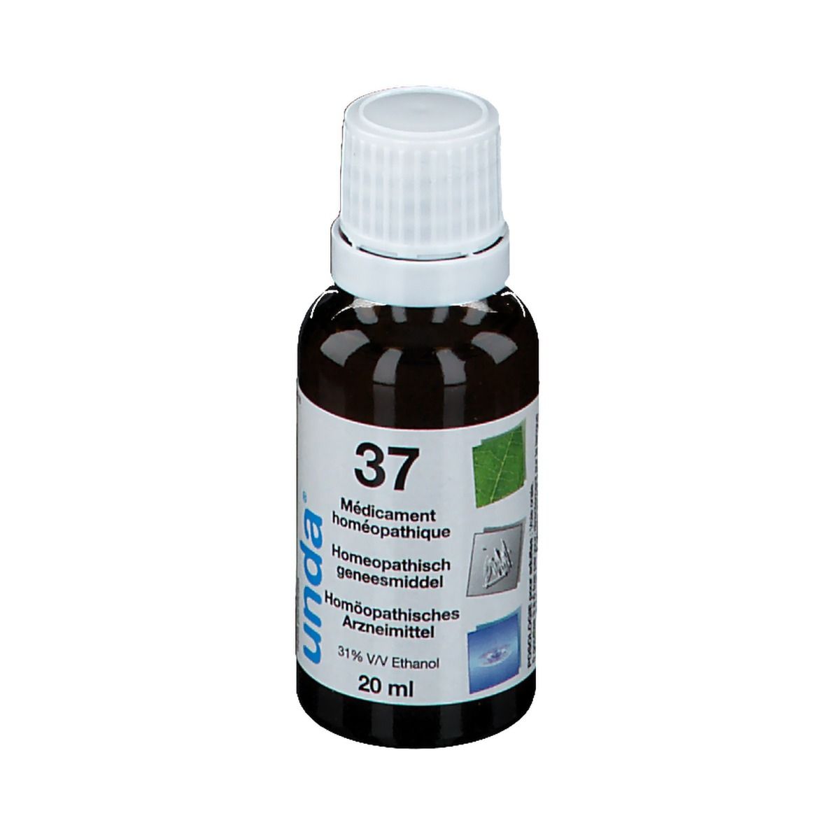 Bruine glazen fles met witte dop. Etiket met tekst: 37, homeopathisch geneesmiddel, 31% V/V Ethanol, 20 ml. Merk: unda.