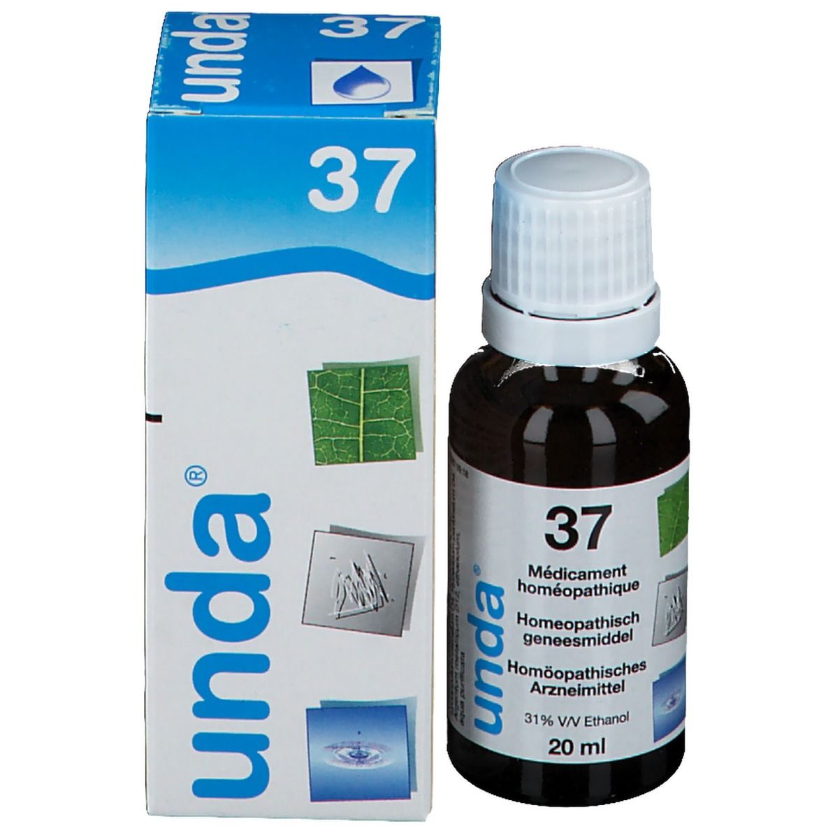 Bruine glazen fles met witte dop en verpakking. Etiket met tekst: 37, homeopathisch geneesmiddel, 31% V/V Ethanol, 20 ml. Merk: unda.