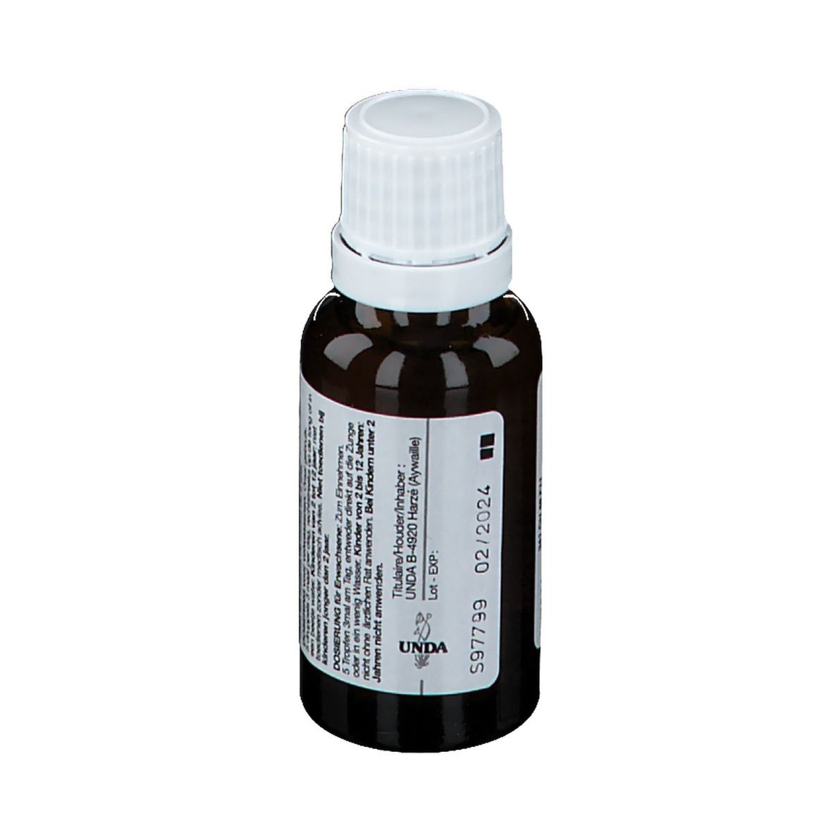 Bruine glazen fles met witte dop. Etiket met tekst. Merk: unda. Lotnummer en vervaldatum 02/2024.