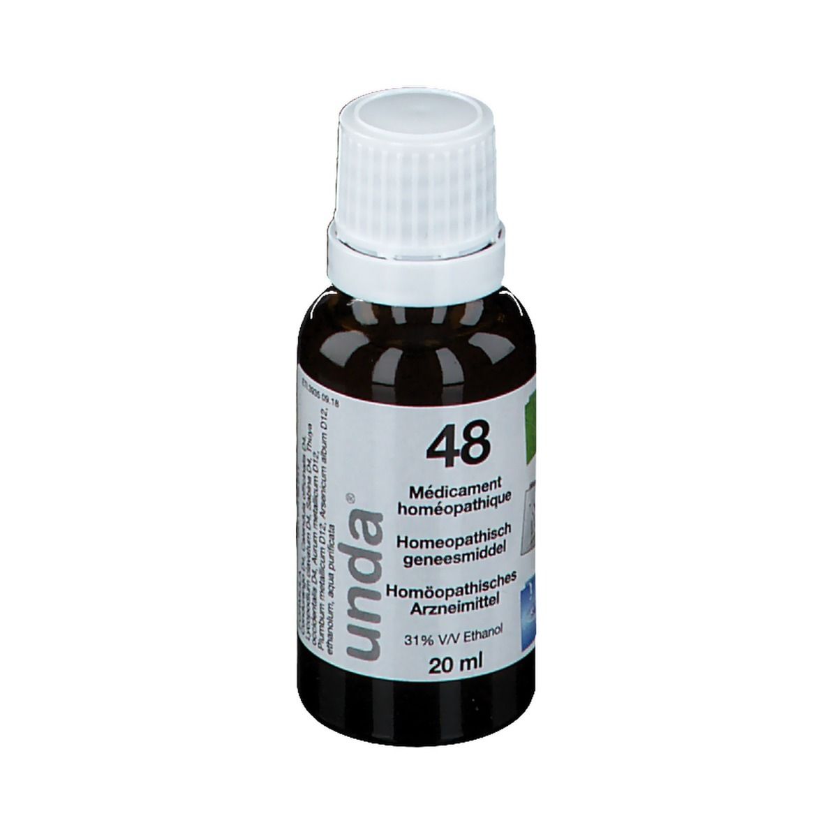 Bruine glazen fles met witte dop. Etiket met tekst: 48, homeopathisch geneesmiddel, 20 ml, 31% V/V Ethanol. Merk: unda.