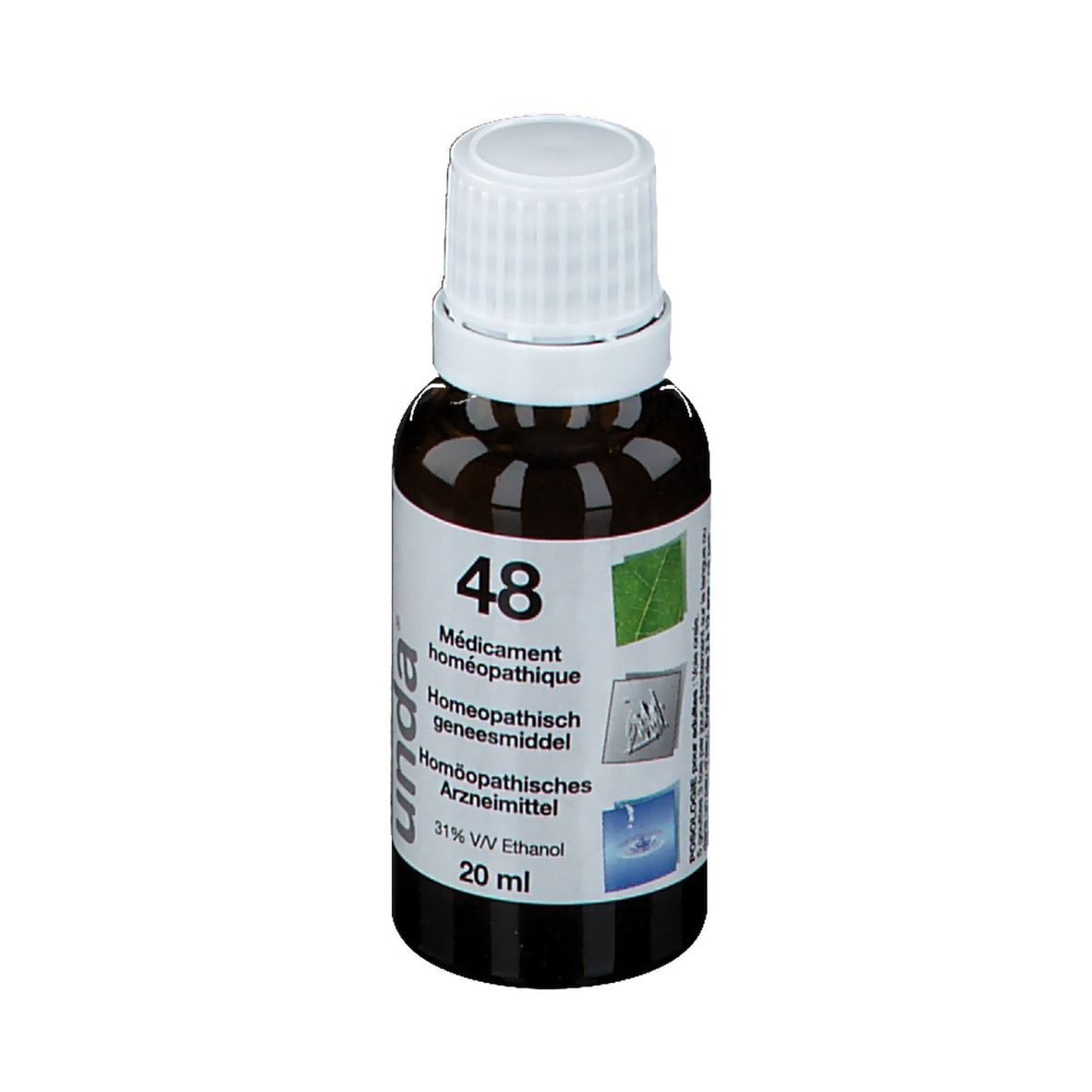Bruine glazen fles met witte dop. Etiket met tekst: 48, homeopathisch geneesmiddel, 20 ml, 31% V/V Ethanol. Merk: unda.