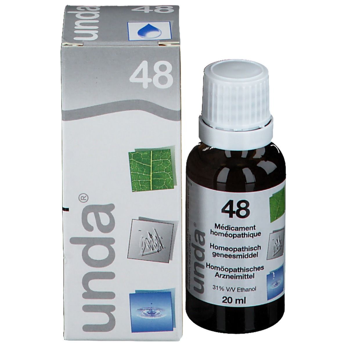 Bruine glazen fles met witte dop naast een doos. Op de fles: 48, homeopathisch geneesmiddel. Op de doos: unda.