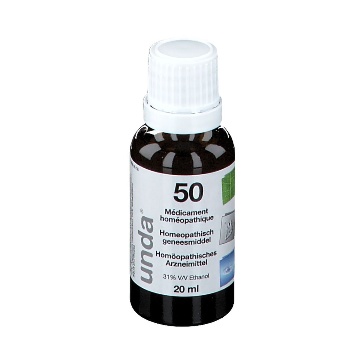 Bruine glazen fles met witte dop. Etiket met tekst: 50, homeopathisch geneesmiddel, 20 ml, unda.