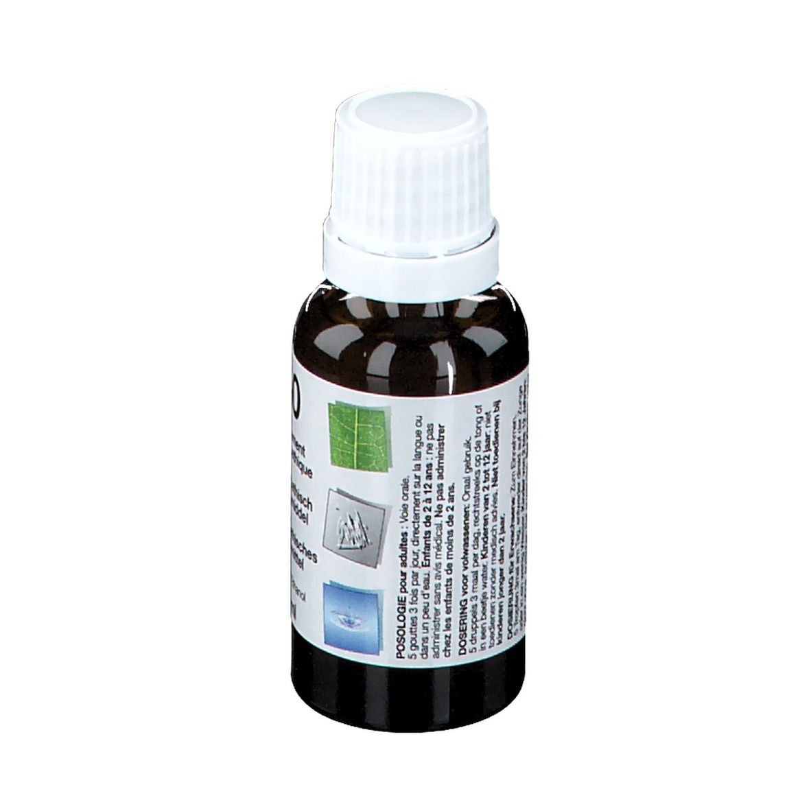 Bruine glazen fles met witte dop. Etiket met tekst en pictogrammen. Dosering instructies.
