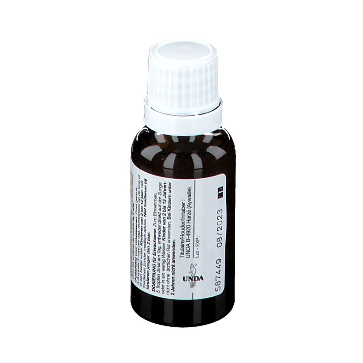 Bruine glazen fles met witte dop. Etiket met tekst en lotnummer 587449, vervaldatum 08/2023.