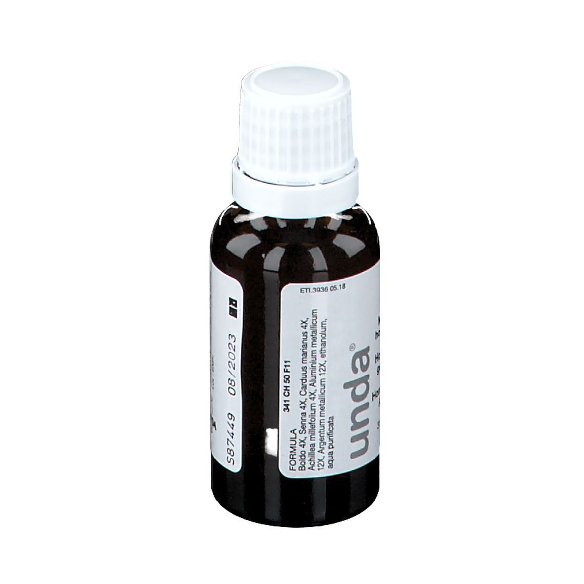 Bruine glazen fles met witte dop. Etiket met tekst, lotnummer 587449, vervaldatum 08/2023, unda.