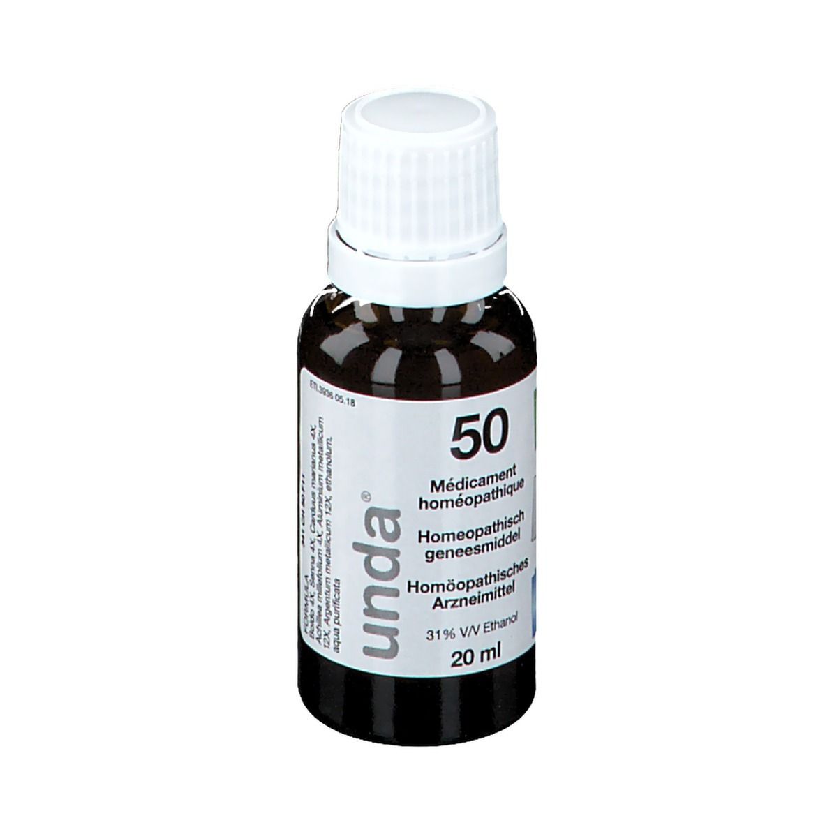 Bruine glazen fles met witte dop. Etiket met tekst: 50, homeopathisch geneesmiddel, 20 ml, unda.