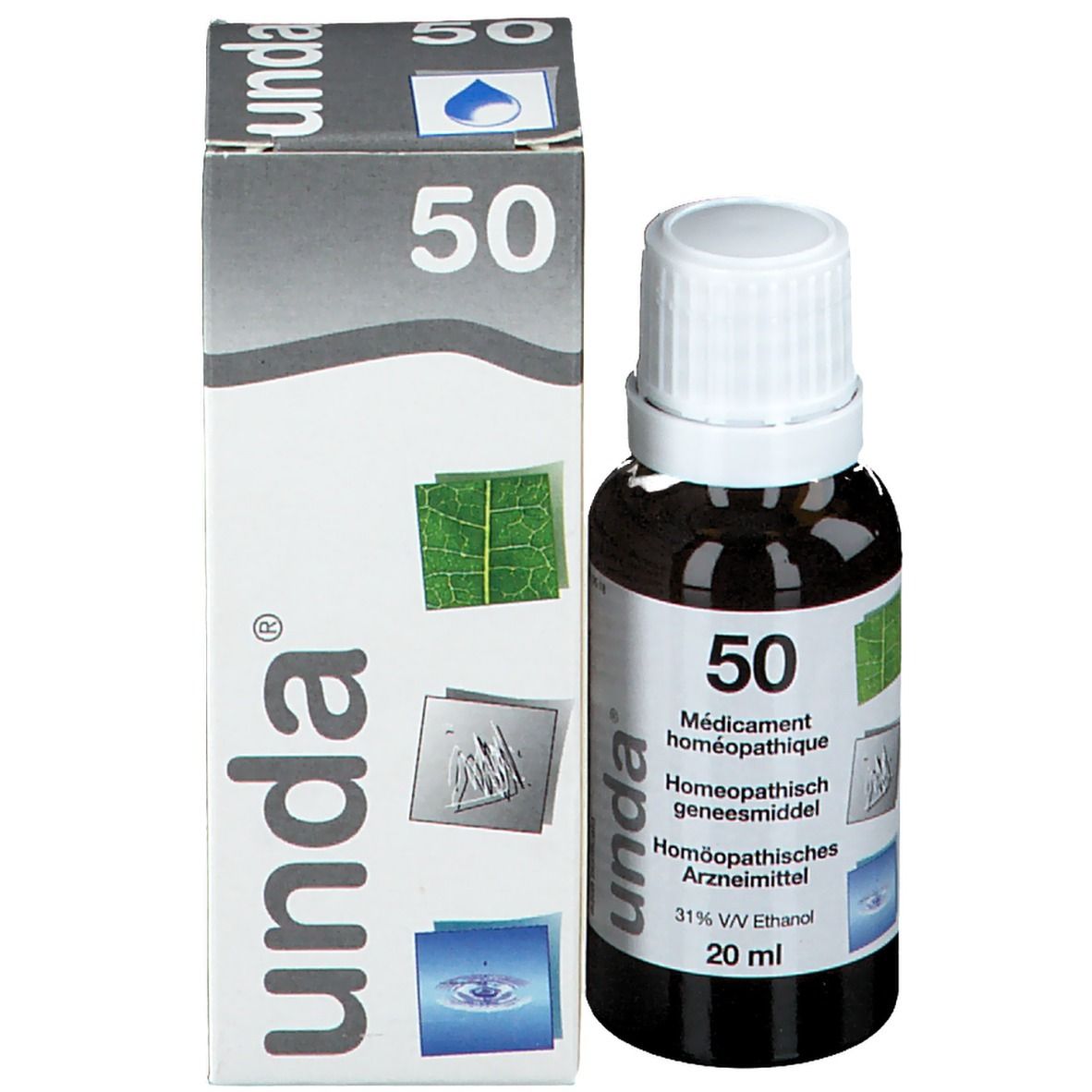 Bruine glazen fles met witte dop en verpakking. Etiket met tekst: 50, homeopathisch geneesmiddel, 20 ml, unda.