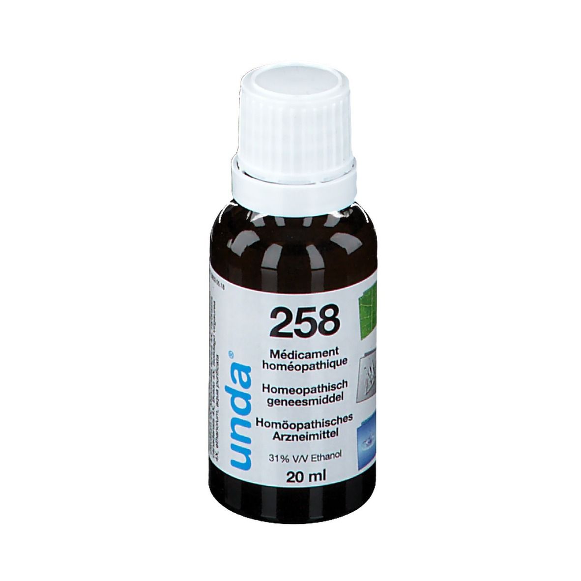 Bruine glazen fles met witte dop. Etiket met productnaam "258", "unda"-logo en andere informatie.