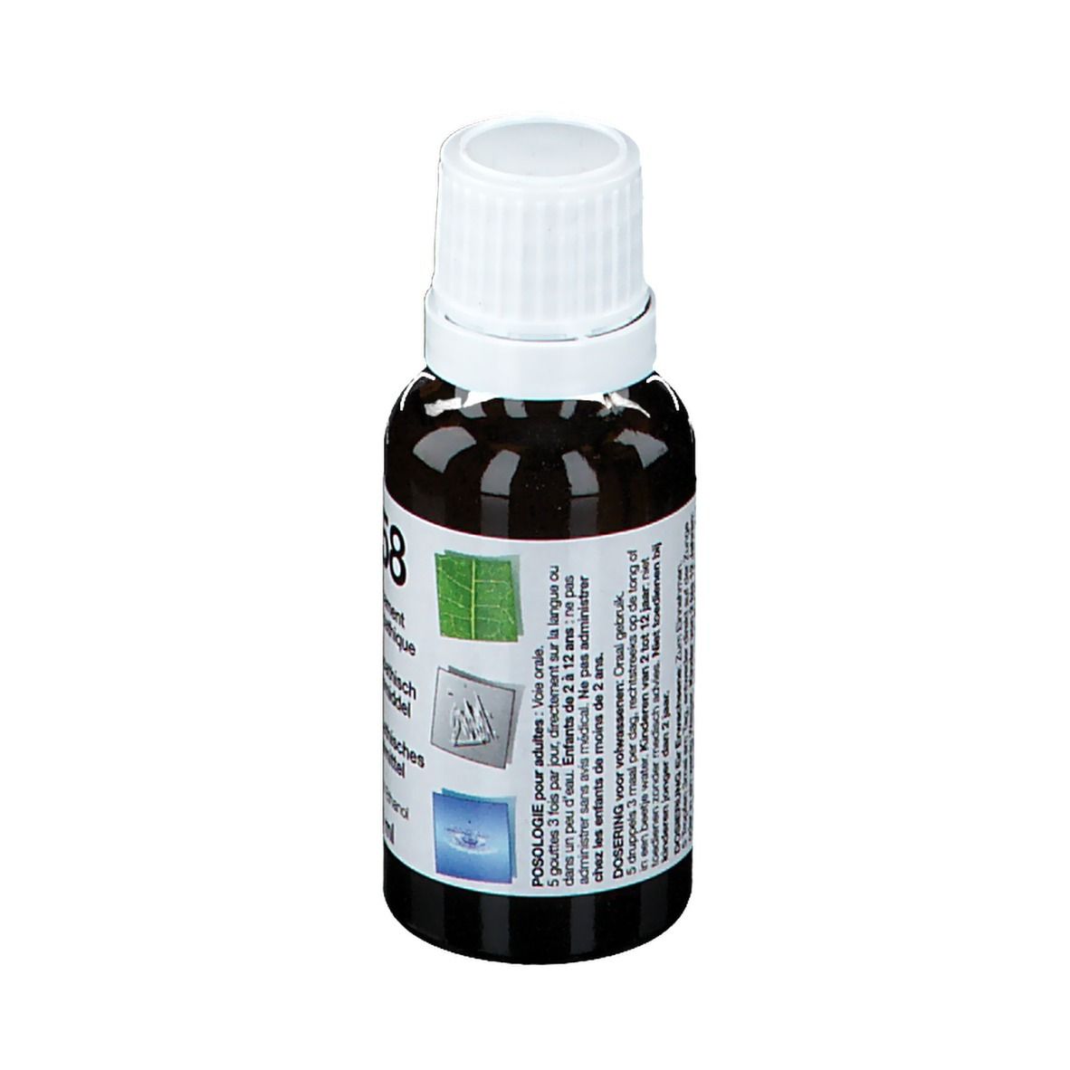 Bruine glazen fles met witte dop. Etiket met pictogrammen en tekst. Productnaam "258".
