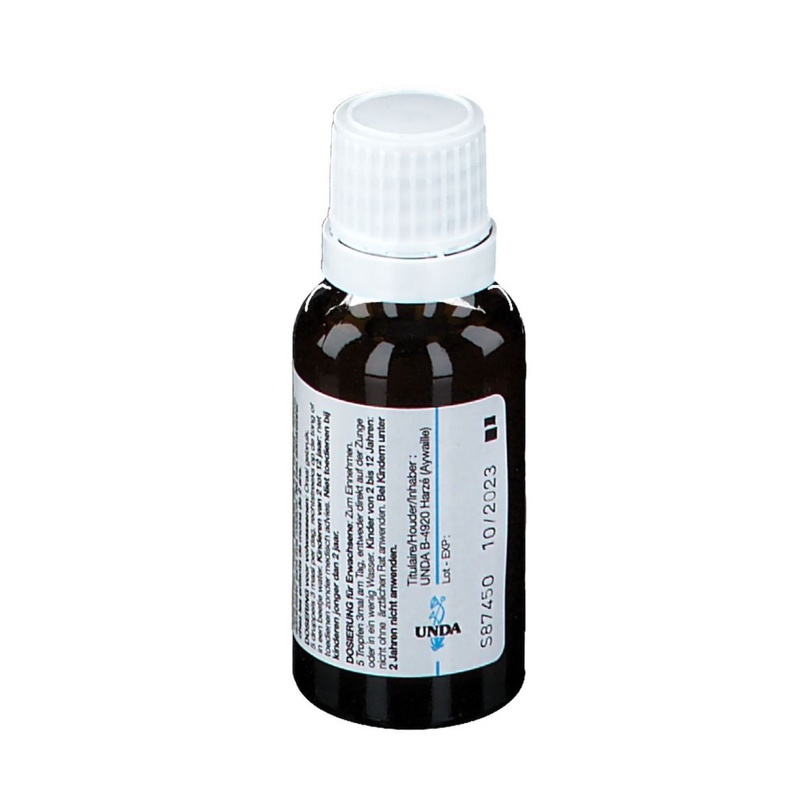 Bruine glazen fles met witte dop. Etiket met tekst en vervaldatum "10/2023". Productnaam "258".