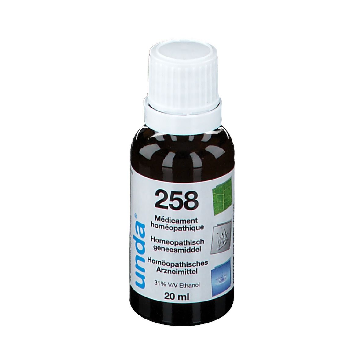 Bruine glazen fles met witte dop. Etiket met productnaam "258", "unda"-logo en andere informatie.