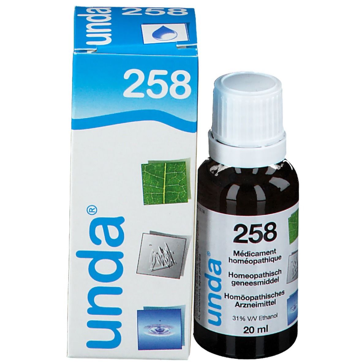 Bruine glazen fles met witte dop naast blauwe verpakking. Productnaam "258" en "unda"-logo.