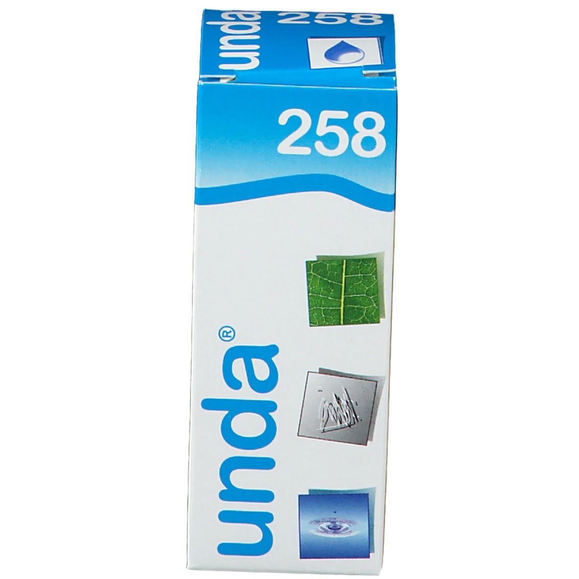 Blauwe verpakking met productnaam "258" en "unda"-logo. Pictogrammen op de verpakking.