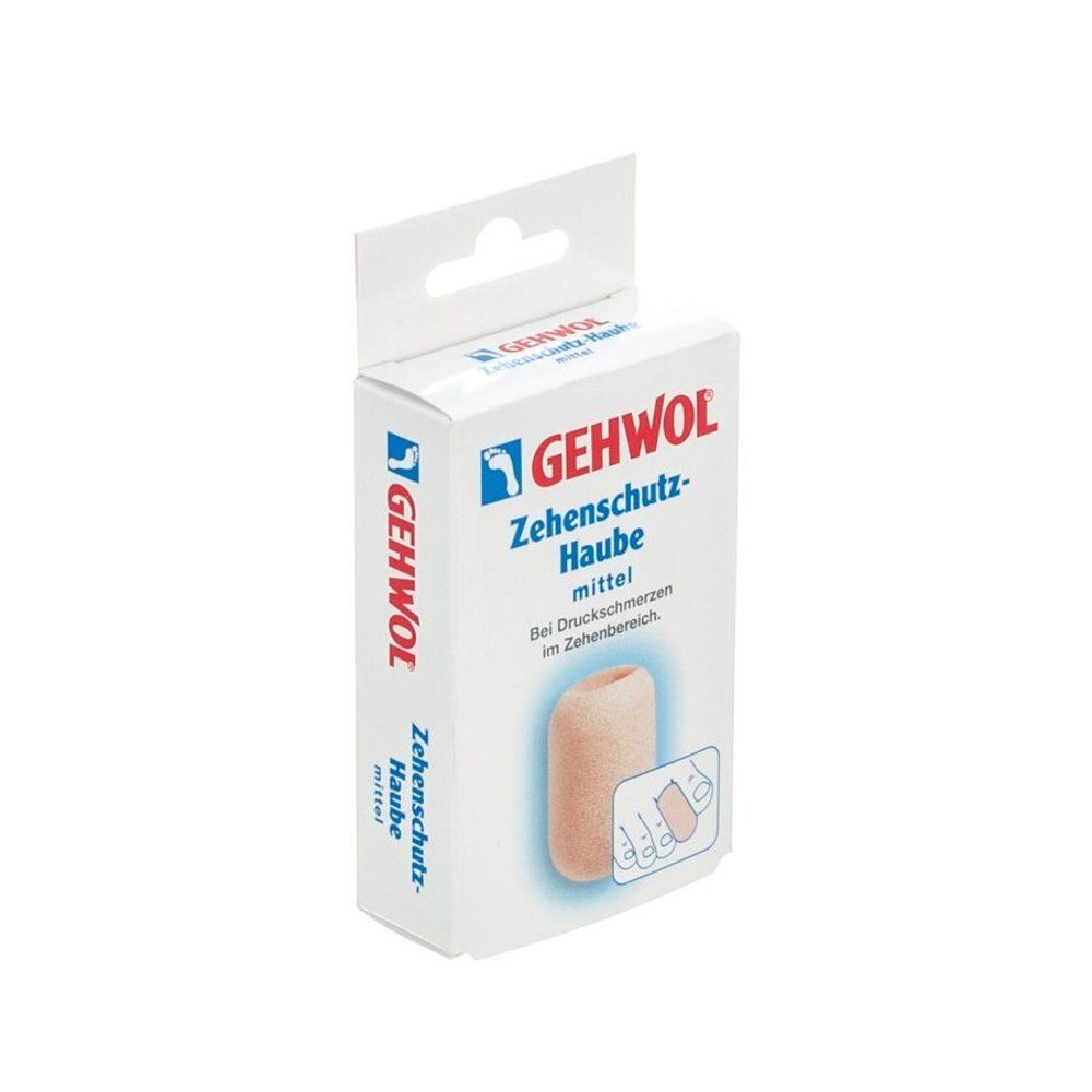 Gehwol teenbeschermer, medium, in verpakking. Beige teenbeschermer op witte doos. Merk en productnaam duidelijk zichtbaar.