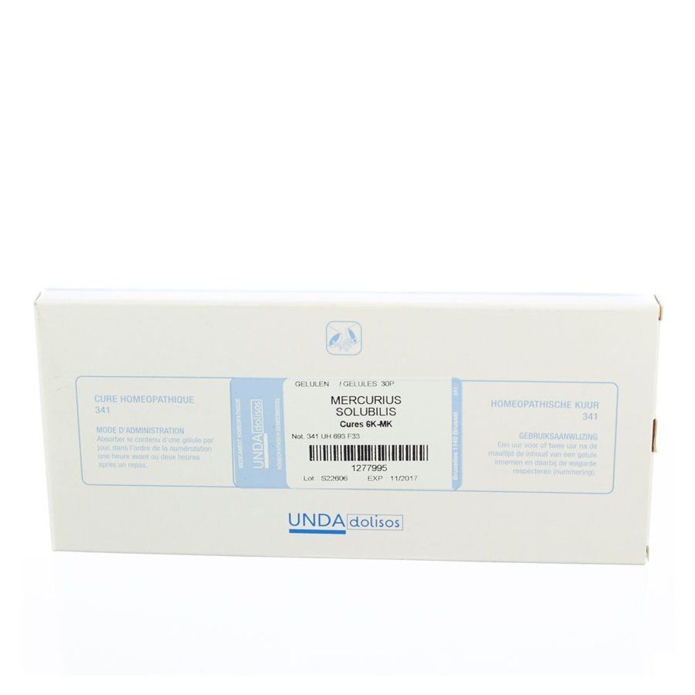Witte doos met blauwe etiketten. Tekst: Mercurius Solubilis Cures 6K-Mk. Merk: UNDA dolisos.