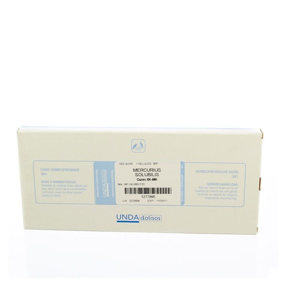Witte doos met blauwe etiketten. Tekst: Mercurius Solubilis Cures 6K-Mk. Merk: UNDA dolisos.
