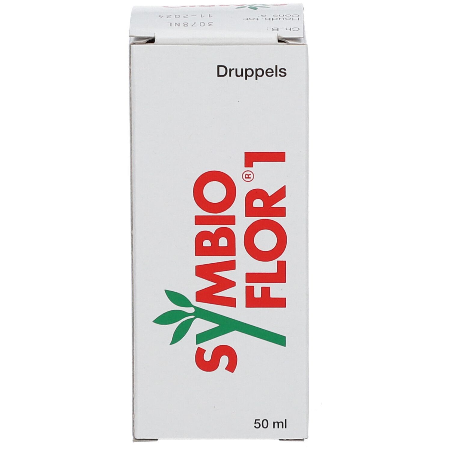 Witte verpakking met productnaam en logo. 50 ml. Opschrift: Druppels.