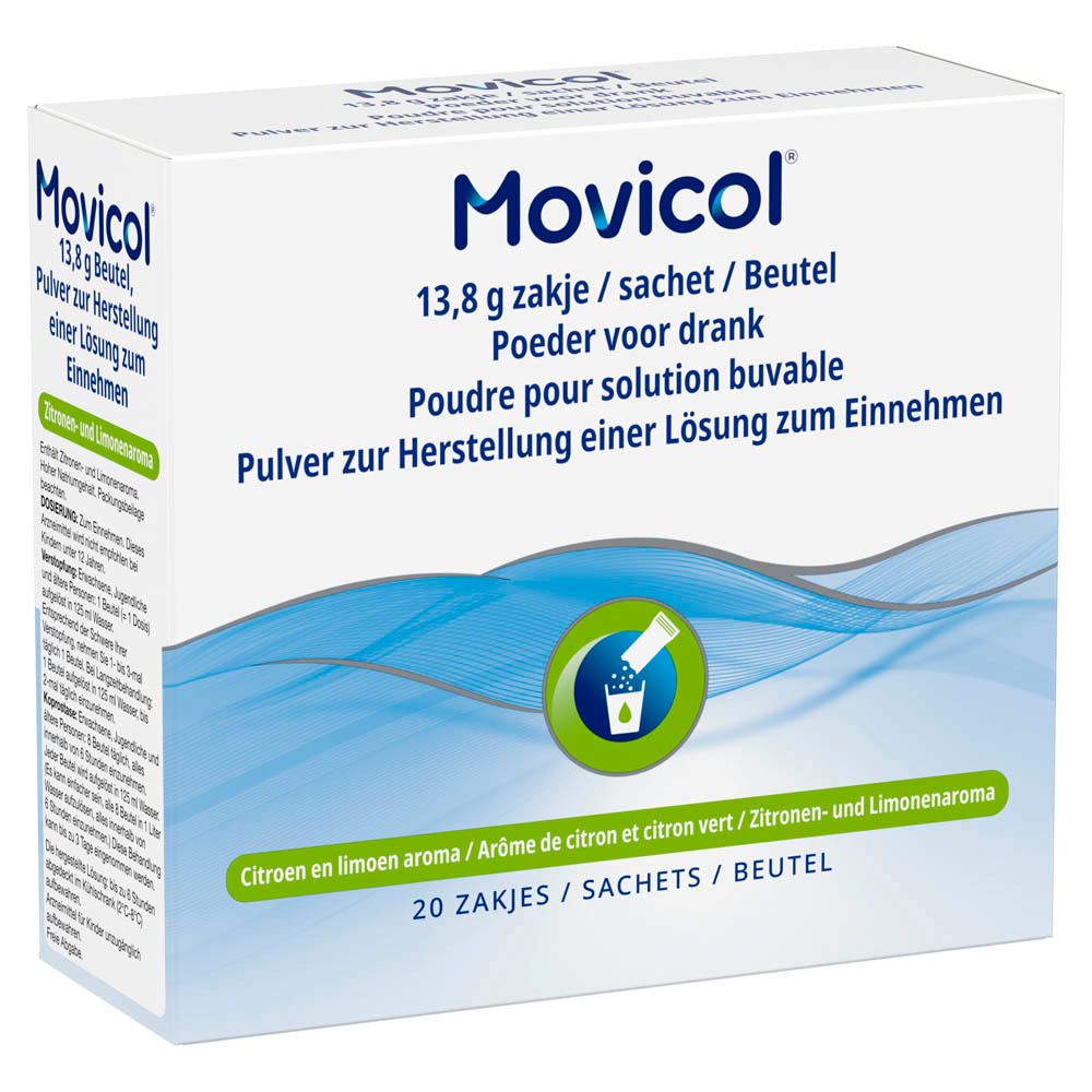 Boîte blanche avec nom du produit et texte multilingue. Contient 20 sachets. Arôme citron-citron vert.