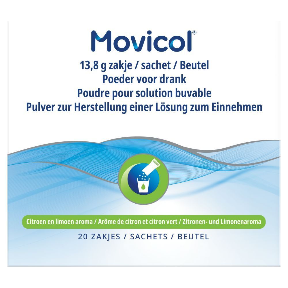 Doos Movicol. Bevat 20 zakjes. Opschrift: 13,8 g, poeder voor drank. Citroen aroma.