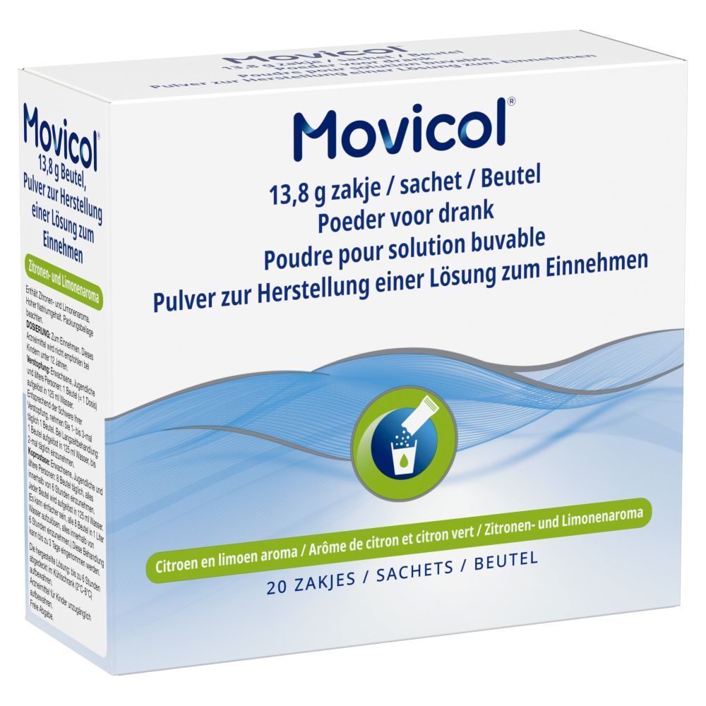 Doos Movicol. Bevat 20 zakjes. Opschrift: 13,8 g, poeder voor drank. Citroen aroma.