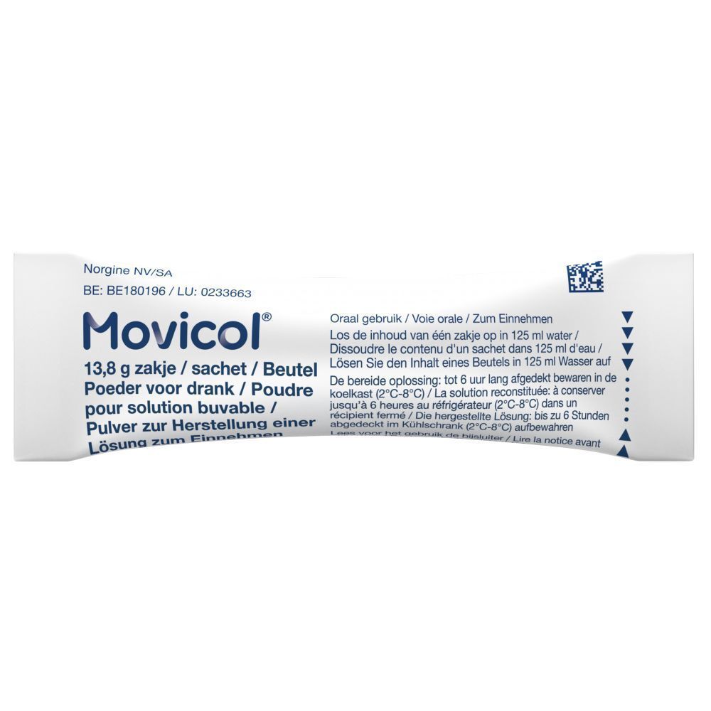 Boîte de Movicol. Contient 20 sachets. Inscription : 13,8 g, poudre pour solution buvable. Arôme citron et citron vert.