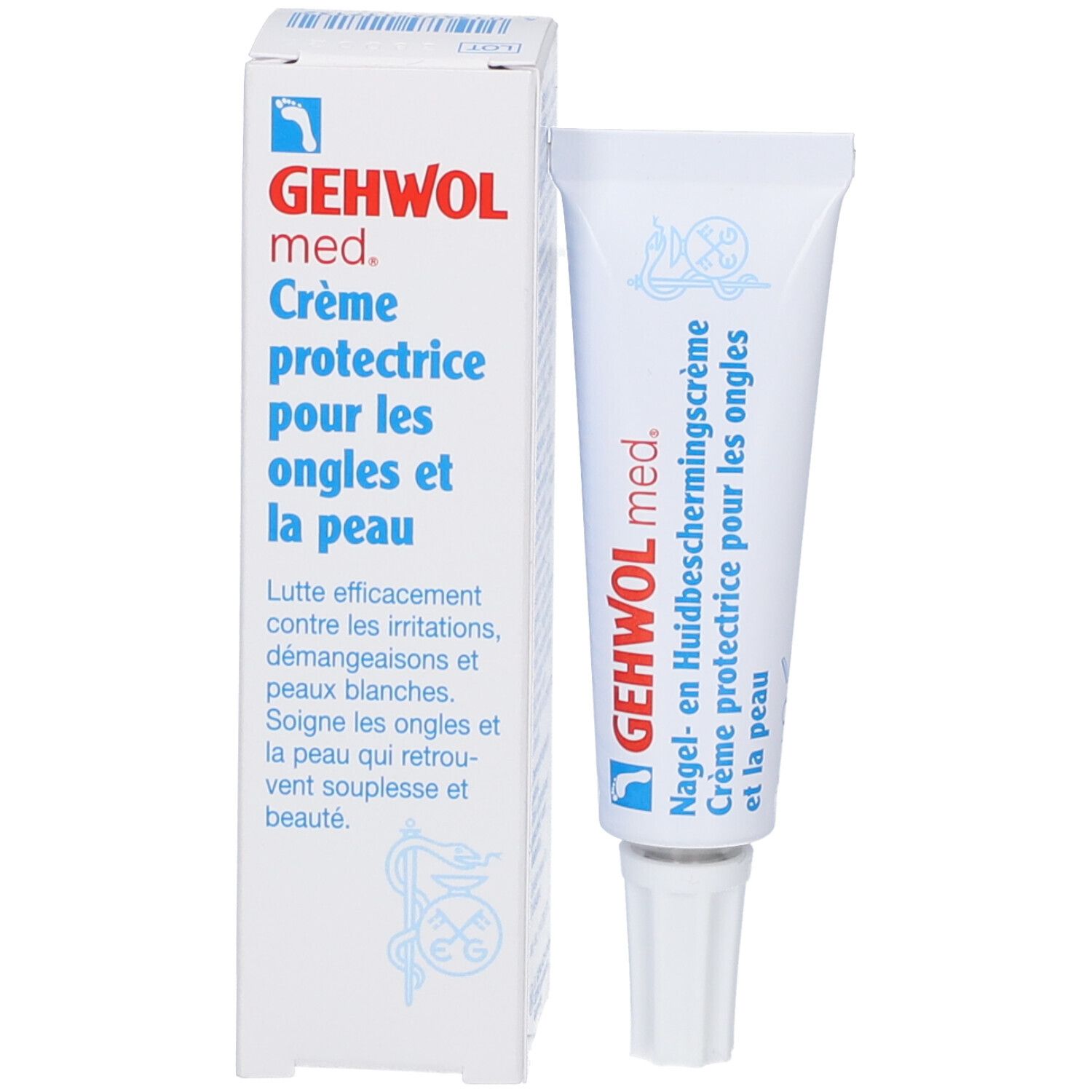 Gehwol med. Crème et emballage. Crème protectrice pour les ongles et la peau. Texte.