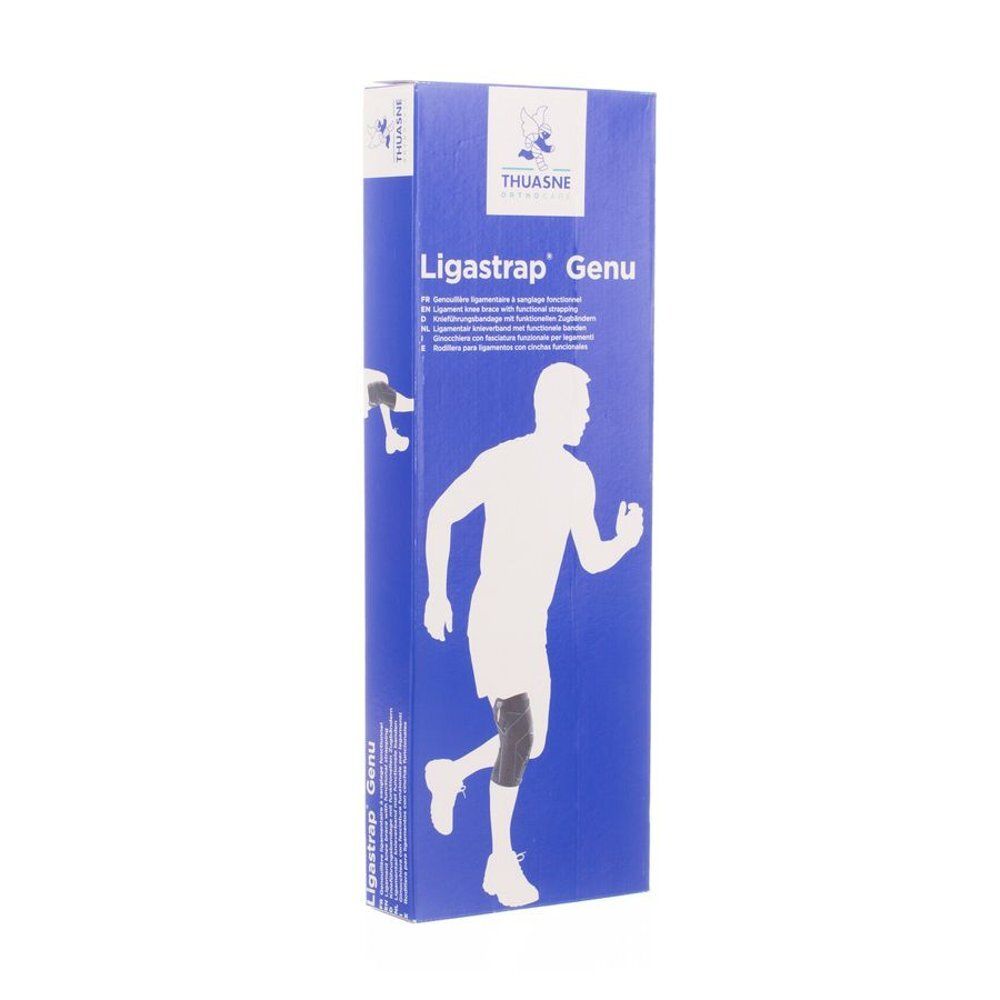 Boîte bleue et blanche avec le nom du produit Ligastrap Genu. Illustration d'un coureur avec une genouillère. Marque Thuasne.