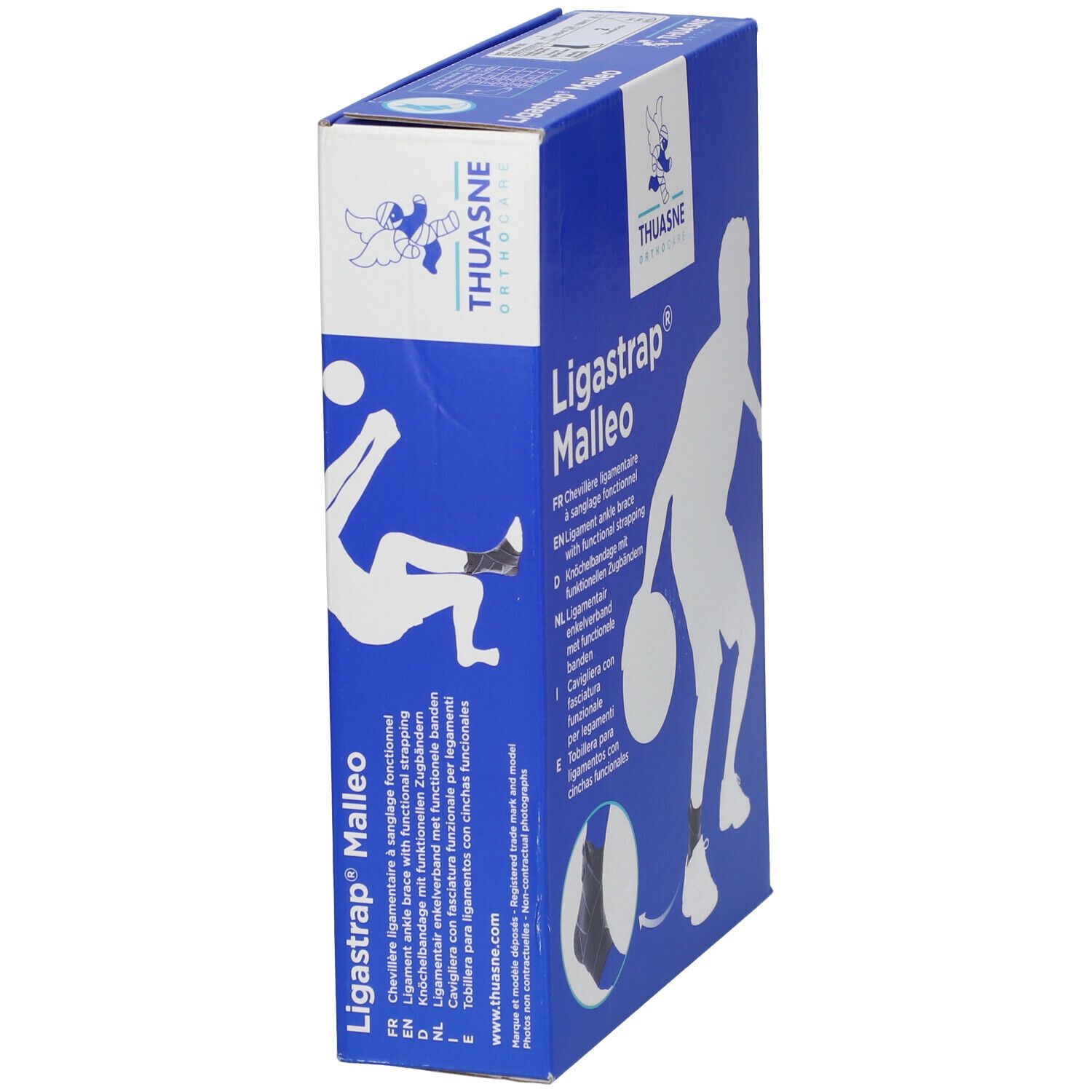 Blauwe verpakking van Thuasne Ligastrap Malleo. Zijaanzicht met productnaam en illustratie van een persoon met enkelbrace. Meertalige teksten.
