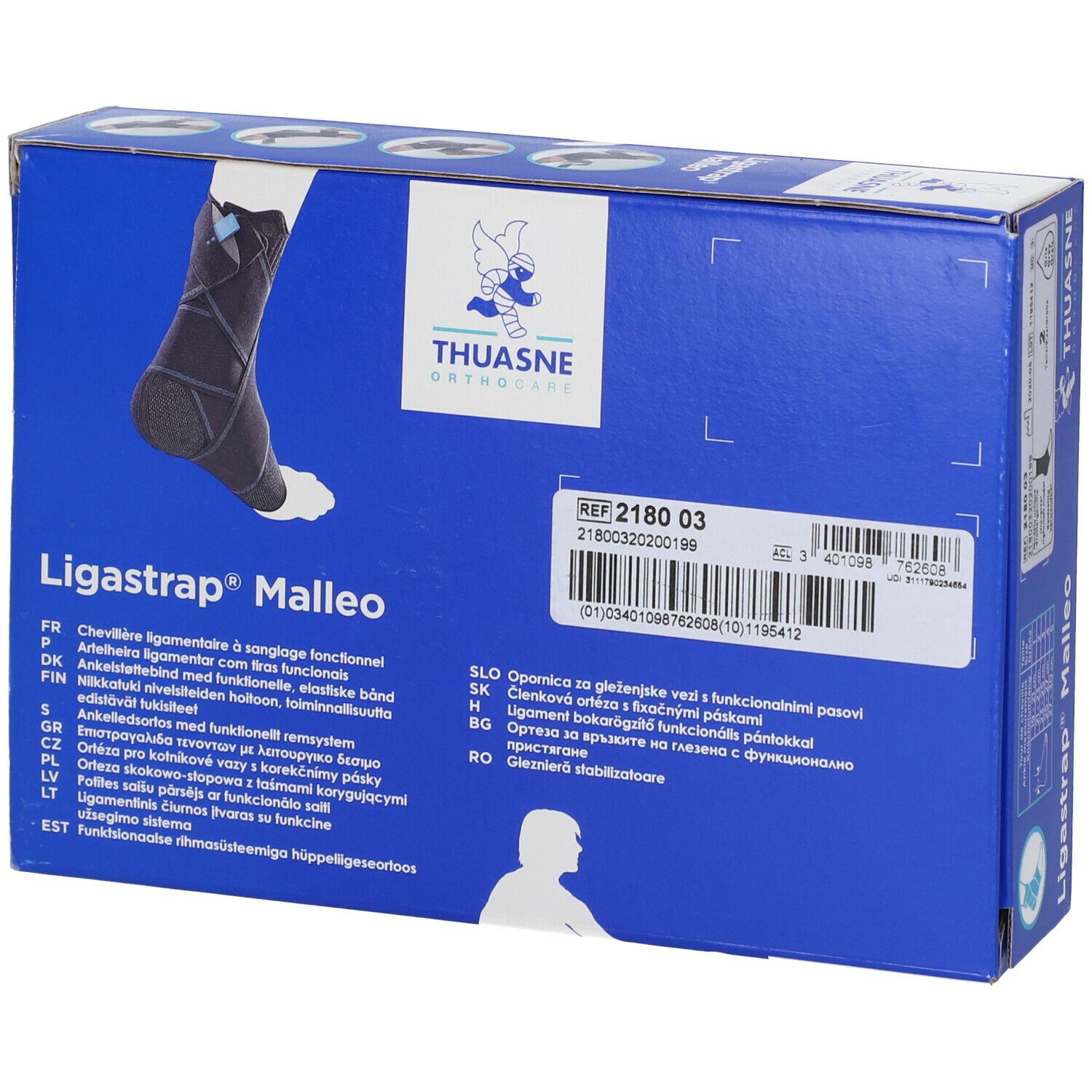 Blauwe doos met Thuasne Ligastrap Malleo. Achterkant met productinformatie, barcode en illustratie van een enkelbrace. Meertalig.