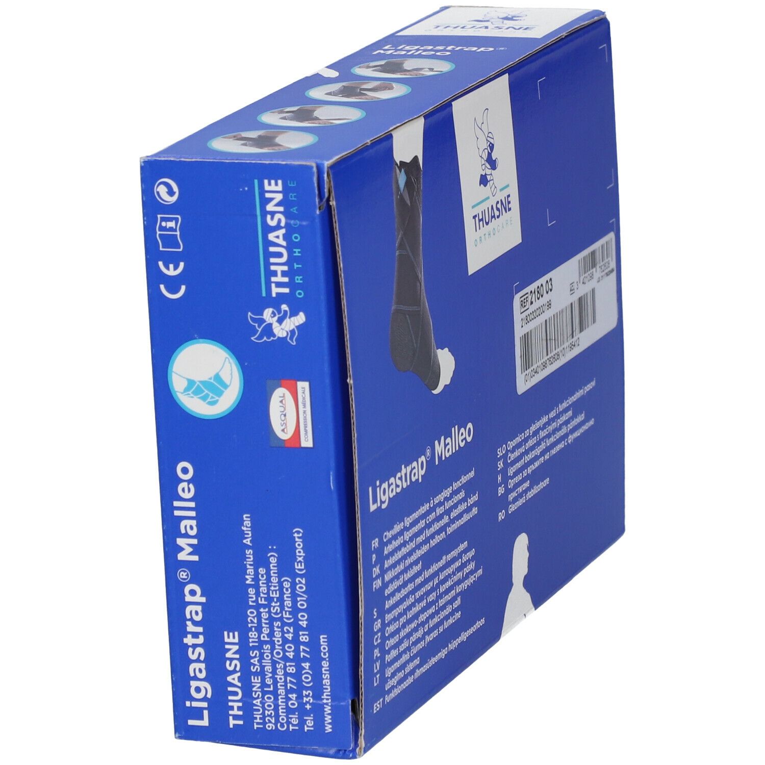 Blauwe verpakking van Thuasne Ligastrap Malleo. Zijaanzicht met productnaam, logo en illustratie van een enkelbrace. Meertalige teksten.
