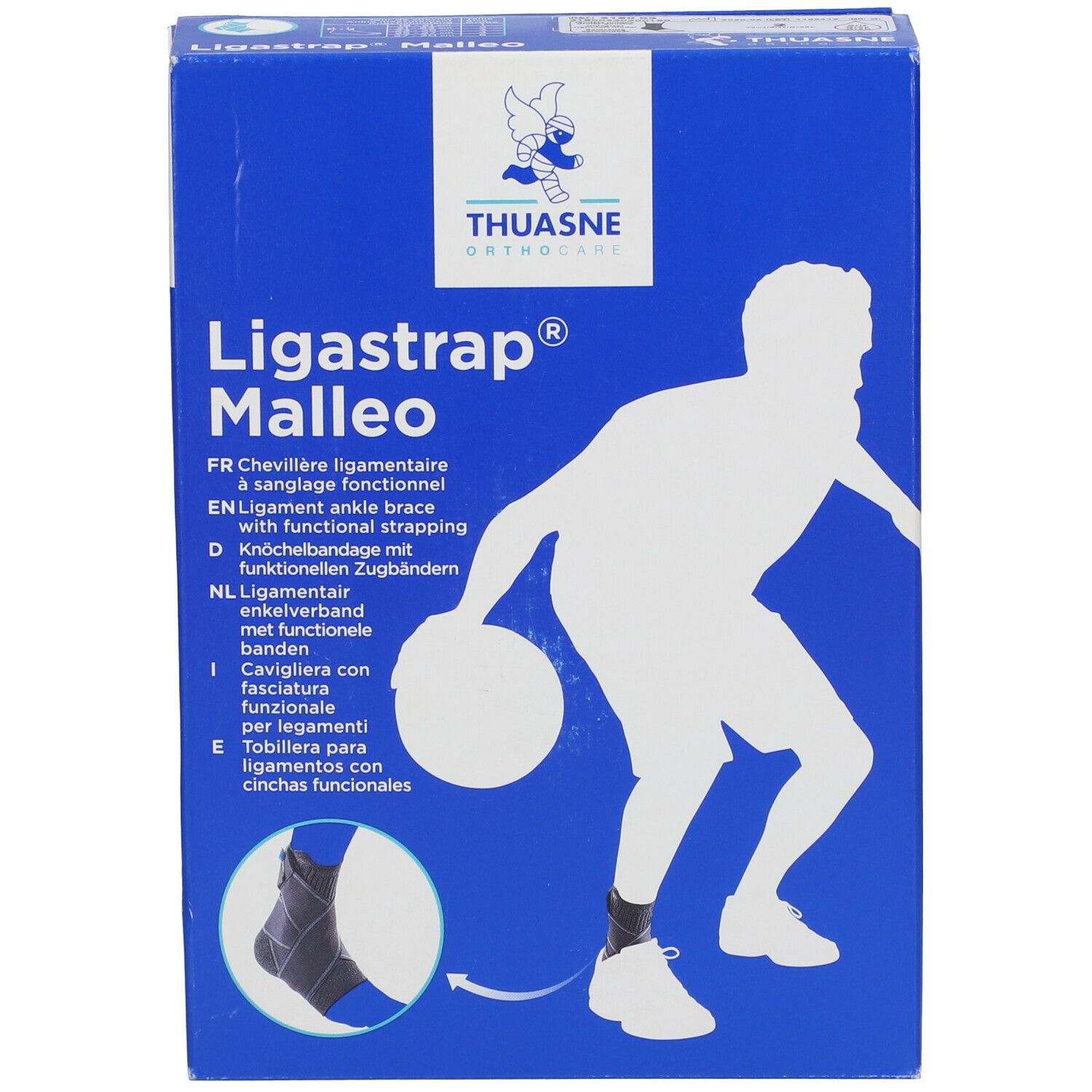 Blauwe verpakking van Thuasne Ligastrap Malleo. Voorkant met productnaam, illustratie van een enkelbrace en een persoon. Meertalig.